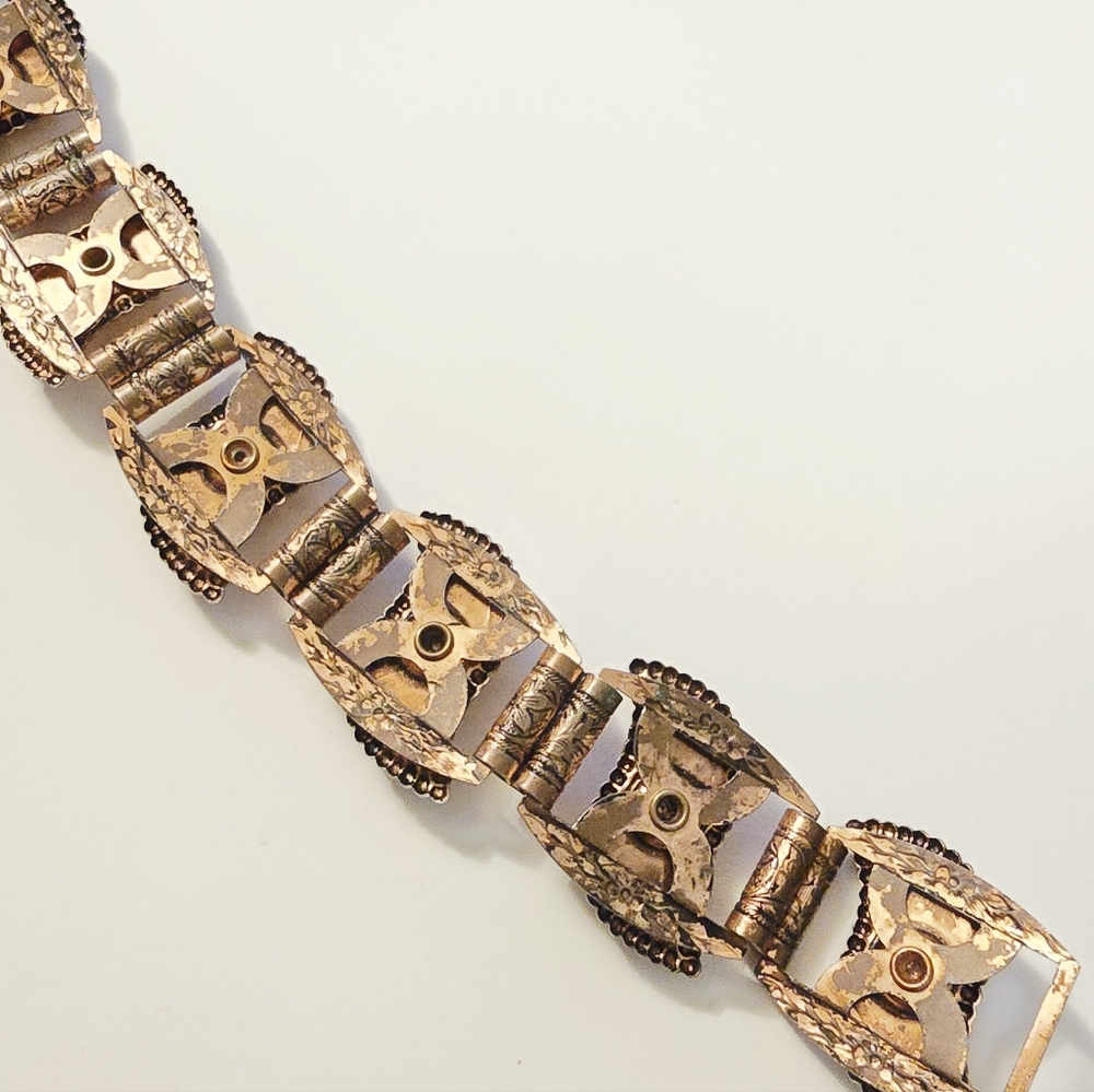 3/$50 Vintage 50s 60s copper gold stone lucite pannel link bracelet - Picture 6 of 7